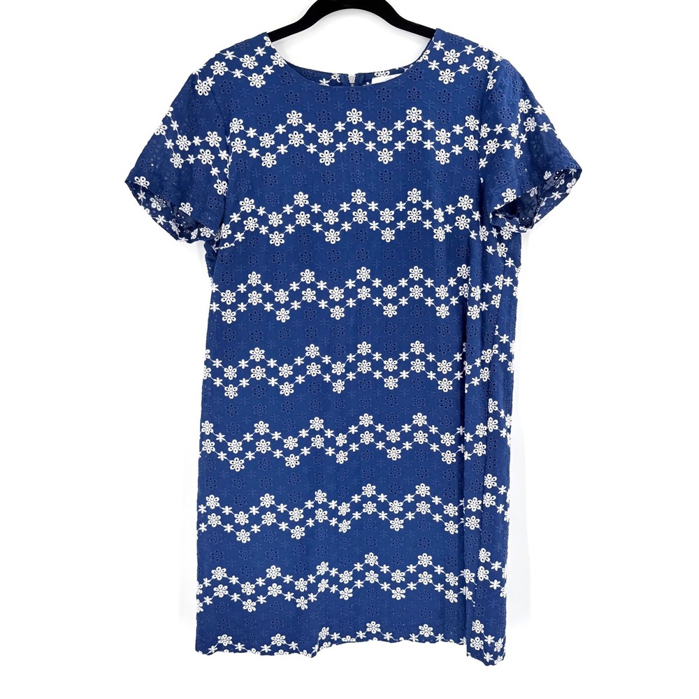 June & Ivy Shift Dress‎ Women L Blue Eyelet Floral Embroidered Cottagecore Boho